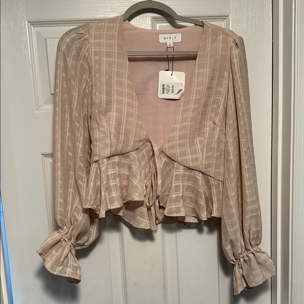 NWT Women's Blush Plaid Ruffle Blouse